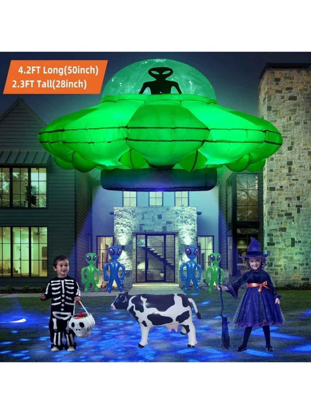 4.2FT Inflatable Alien UFO Party Decor with LED Lights - Halloween Cow Abduction